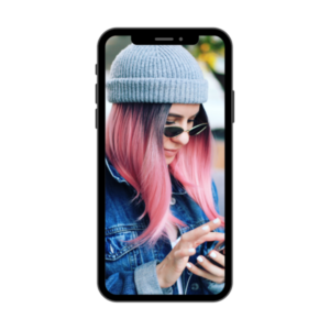 Trendy woman on a smart phone with pink hair
